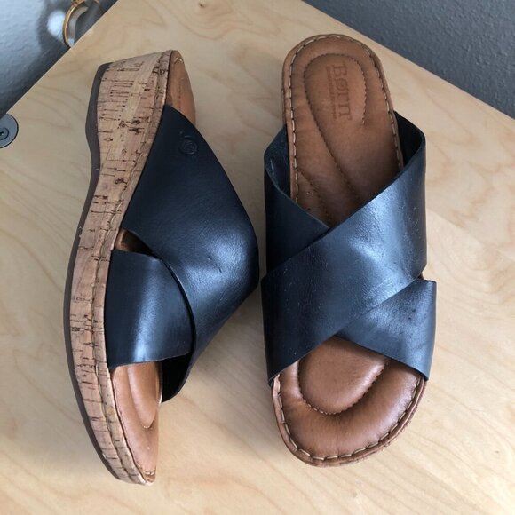 Born Lola Comfort Slide Sandals Black Leather Criss Cross Cork Wedge - Picture 2 of 12